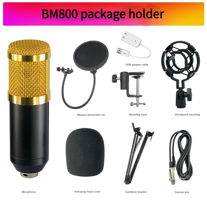 Bm 800 Studio Condenser Microphone V8 Sound Card Karaoke Bluetooth Speaker with Microphone Stand Condenser USB MIC: Gold BM800 Bracket
