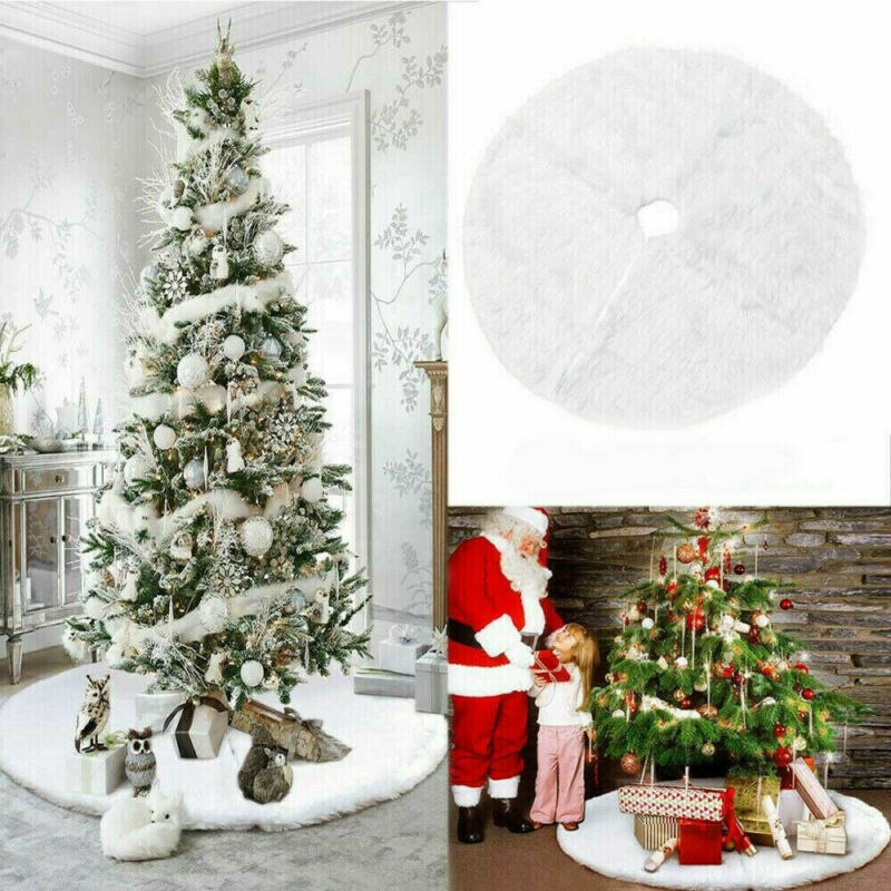 60cm White Christmas Tree Skirt Luxury Faux Fur Xmas Floor Decor Ornament Solid Color Christmas Tree Skirt Plush Floor Decor