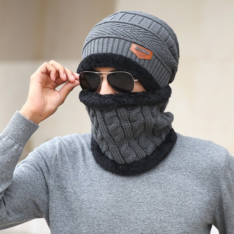 Conjunto de gorros de lana de Coral para hombre, bufanda cálida y transpirable, gorro de punto de lana con letras, gorro de doble capa, para invierno, Uds.: man gray