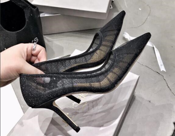 Nyheter brud hvite sko blomst årer vakre nedre 8cm midterste hæler spissede tå brudekjole pumps kvinner sko air mesh: Svart / 40