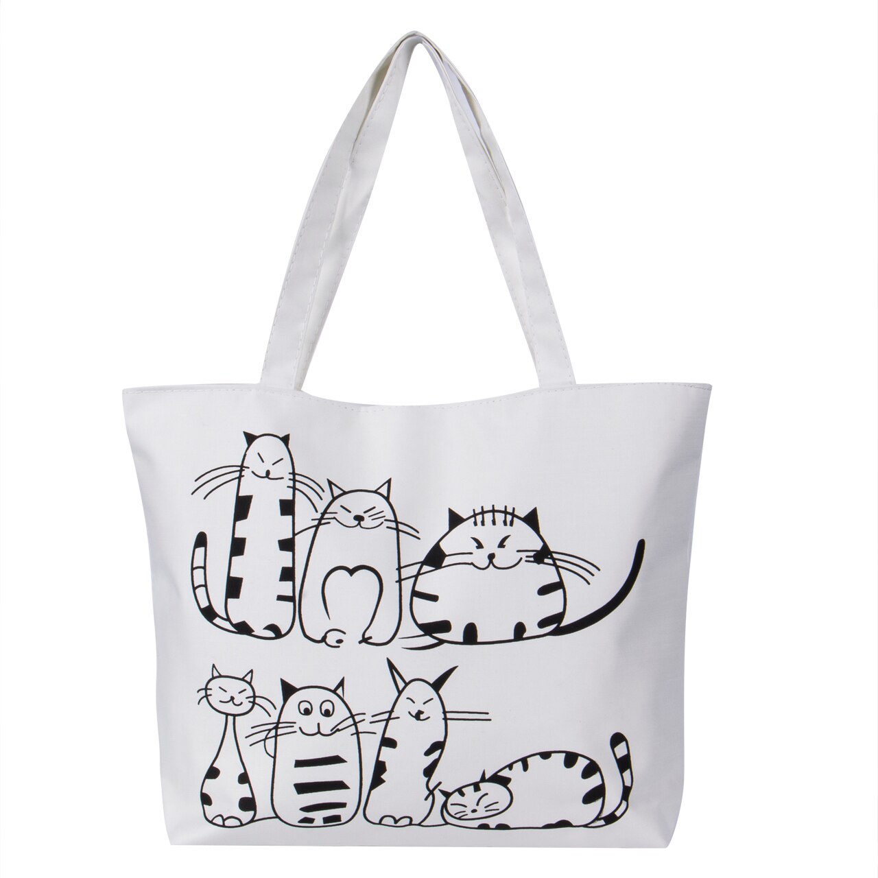 Sacs en toile dessin animé de chat, sac en toile imprimé, fermeture éclair de grande capacité, fourre-tout, sacs à main de Shopping, tendance: WHITE