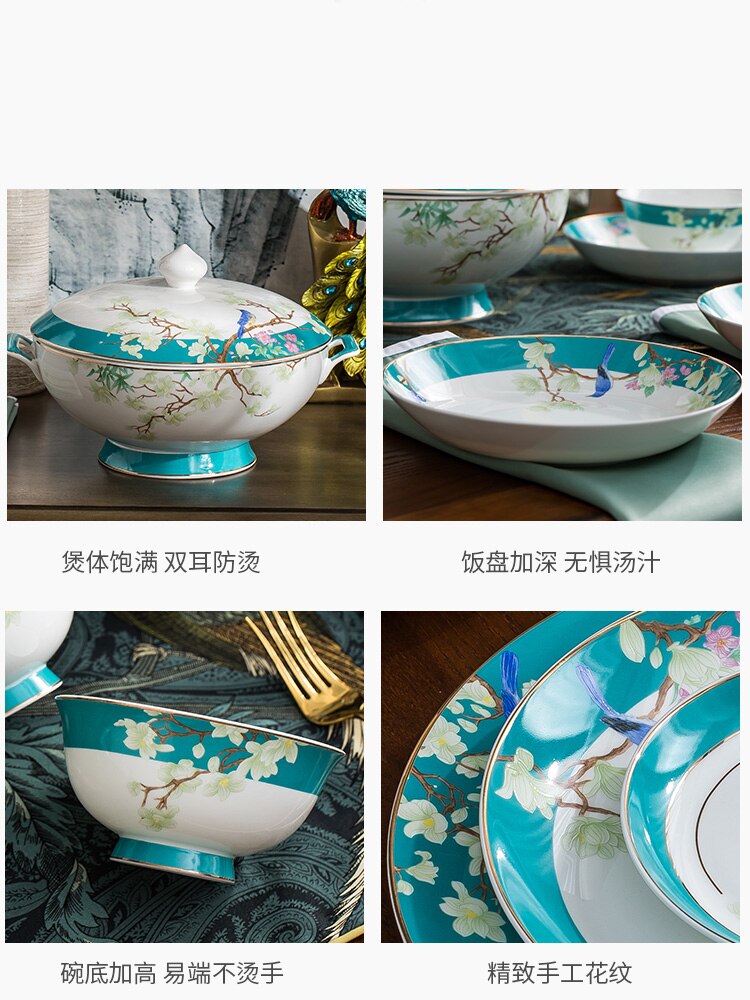 Chinese Style Ceramic Tableware Set Bone China Dinner Set Rice Bowl Steak Plate Soup Spoon and Pot Dish and Plate Combination