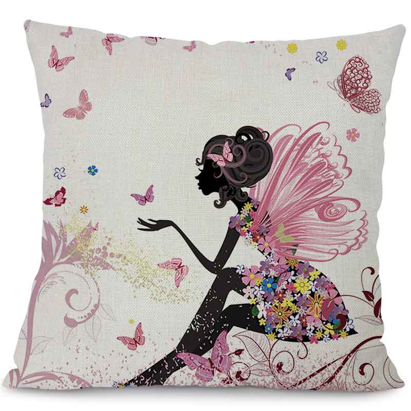 Square 18" Cotton Linen Decorative Cushions Flower Fairy Bike Butterfly Throw Pillows Sofa Home Decor No Inner