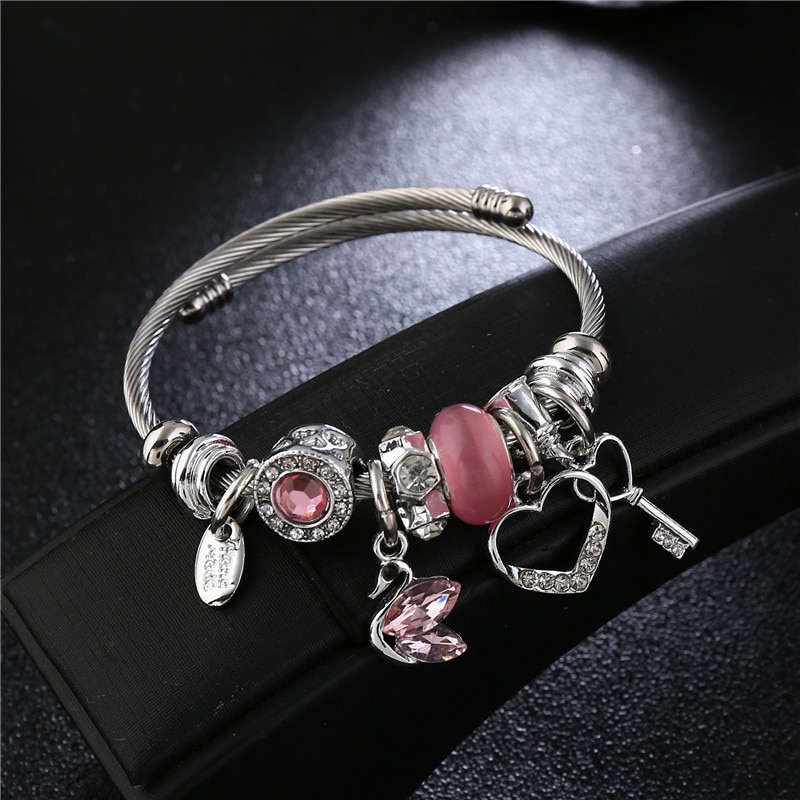 Crystal Swan Stainless Steel Bangles For Women Jewelry DIY Rhinestone Hollow Key Heart Love Cuff Bracelet Bangle