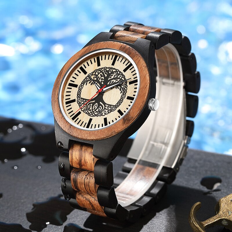Wooden Quartz Movement Watch Men Lady Symmetrical Color Blocking Dial Wooden Strap Trend Couple Watch 2022 W367