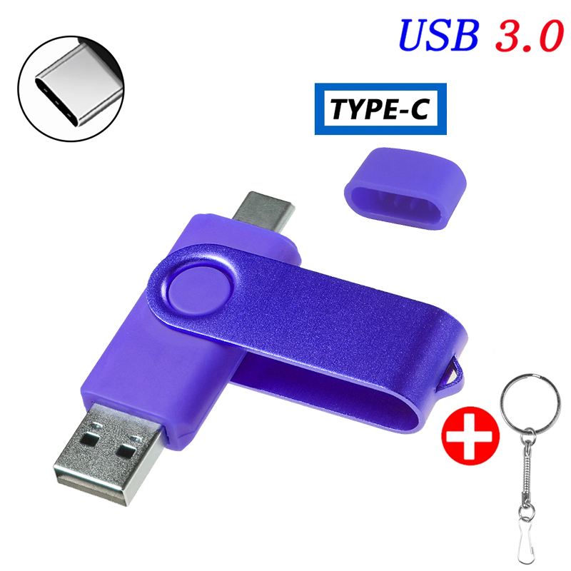 Type-C USB 3.0 High Speed Flash Drive 2 IN 1 360° Rotate Freely Pen Drive 128GB/64GB/32GB/16GB Multi-format Compatible U Disk: PURPLE / 16 GB