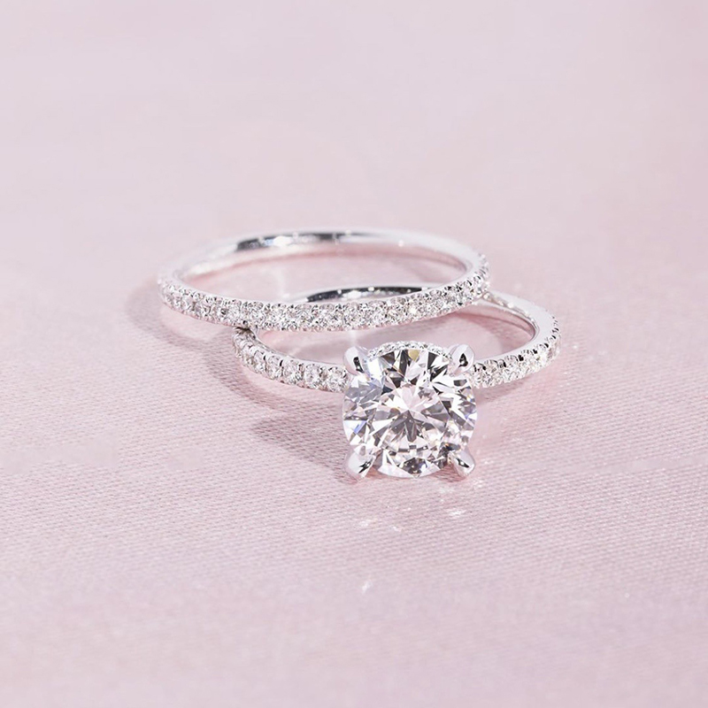 Huitan-Conjunto de 2 anillos de circonita cúbica redonda ostentosa para mujer, anillos apilables dobles simples a la , alianzas de boda, joyería de: 7