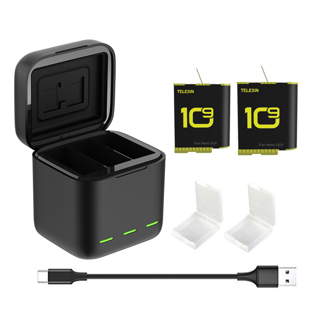 TELESIN-Batería de 1750 mAh para GoPro Hero 9, cargador de batería con luz LED de 3 vías, tarjeta TF, almacenamiento de batería para GoPro Hero 9, color negro: 2 Battery 1 Charger