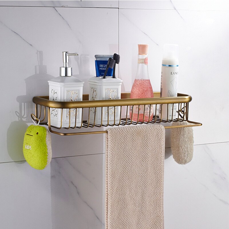 Antikt badeværelsestilbehør messing toiletpapirholder håndklædeholder holder ringvægmonteret hardwaresæt til badekar: 45cm bruser kurv