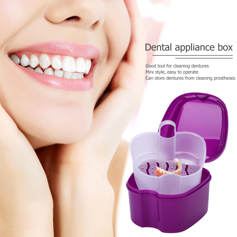 Denture Bath Box Organizer Dental False Teeth Storage Box with Hanging Net Container Cleaning Teeth Cases Artificial Tooth Box