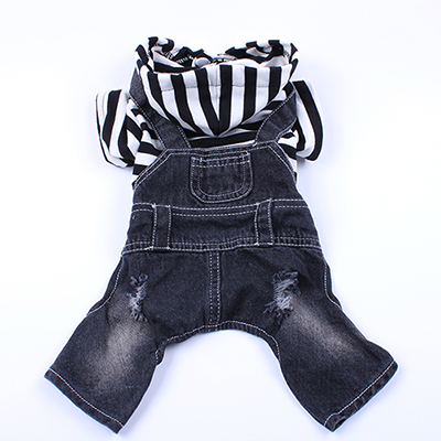 Hond Kat Denim Gestreepte Jumpsuit Hoodie Jean Pet Puppy Jas Lente/Zomer Kleding Kleding 3 Kleuren: Black Striped / XS