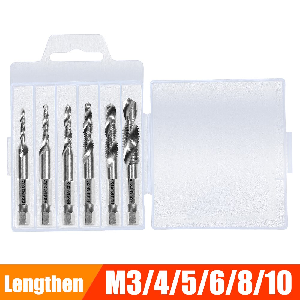 Metric Thread Tap Drill Bits Set Hex Shank HSS Titanium Plated Screw Thread Combination Drill Tap M3 M4 M5 M6 M8 M10 Hand Tools: 6PCS Silver Lengthen
