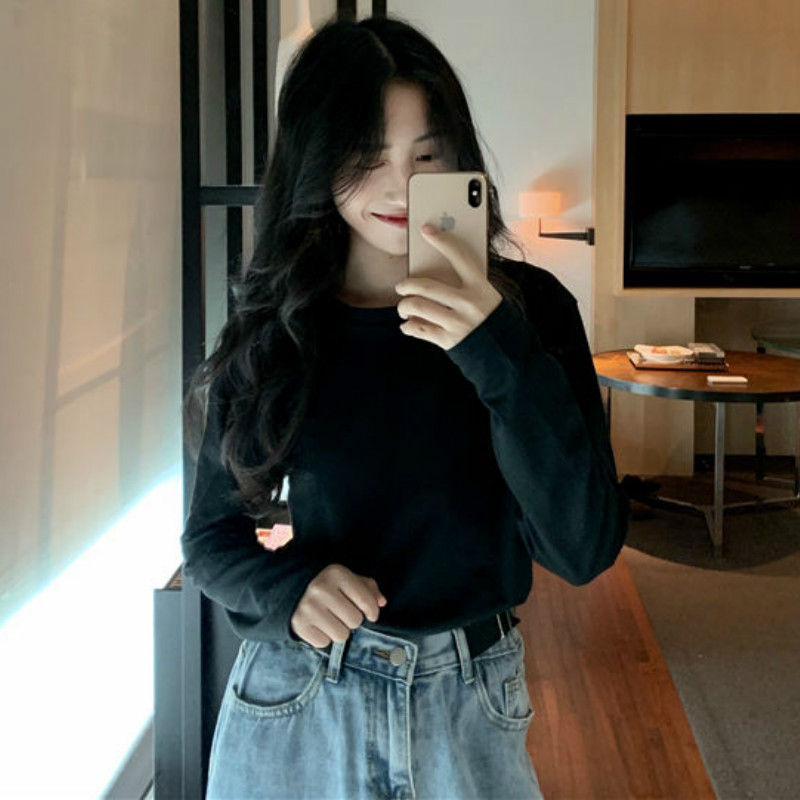 Lange Mouwen T-shirts Vrouwen Solid Simple Basic Casual Mode Ulzzang Studenten O-hals 2XL Zachte Streetwear