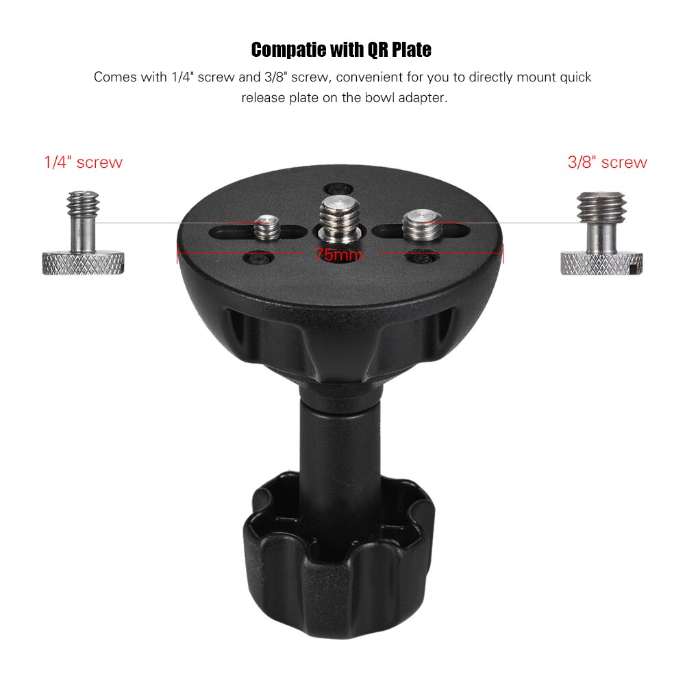 Lega di alluminio 75mm Semisfera Piatto a Bowl Adattatore con 1/4 "e 3/8" viti per Fluid Testa Treppiedi DSLR Rig Camera