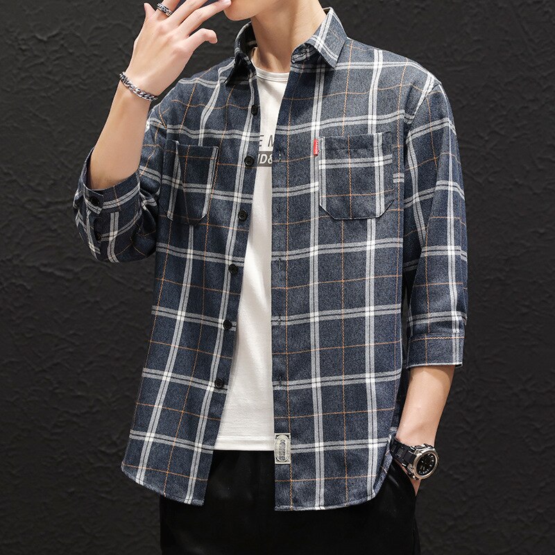 Høst halvermet skjorte herre slim fit ull casual rutete skjorter herreklær koreansk merke pluss størrelse m -4xl