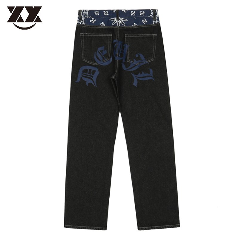 Gotiske bogstaver print jeans mænd hip hop patchwork streetwear oversized baggy jeans afslappede denim bukser løse vintage herre bukser