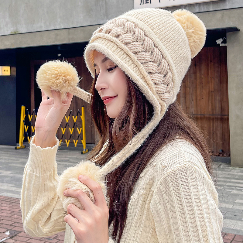 2022 Women Winter Ear Cap Ladies Woolen Hat Korean Earflap Knitted Outdoor Warm Snow Fiuffy Pompom Windproof Ski Cap
