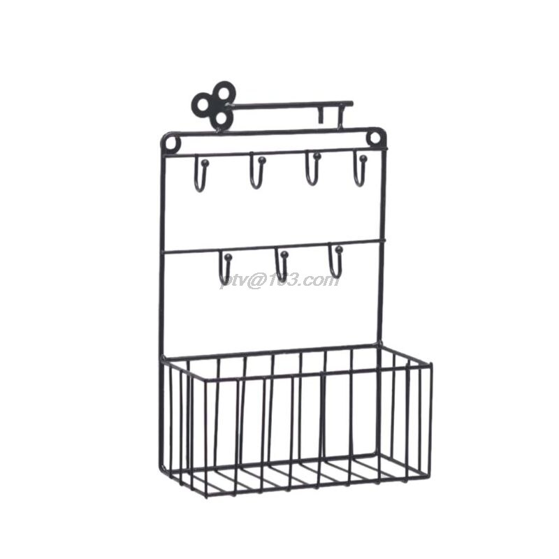 Wall Mounted Mail and Key Holder 7 Hook Rack Organizer Pocket and Letter Sorter for Entryway Kitchen Home Office Decor: Black
