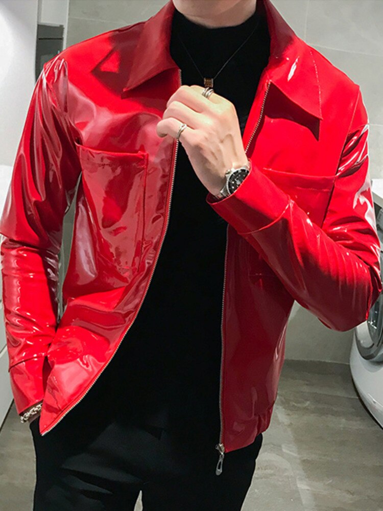 PFNW blouson en cuir brillant pour homme, couleur unie, Slim, rouge, noir, marron, boîte de nuit