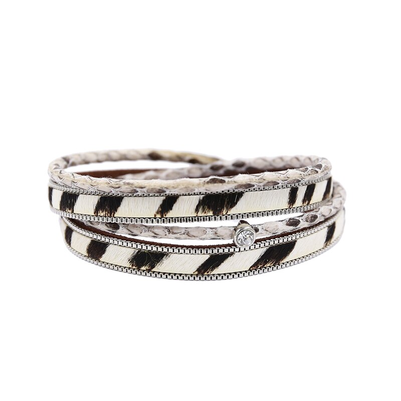 STRATHSPEY-Pulseras envolventes multicapa para mujer, pulsera de cuero con estampado de animales, brazalete Vintage de diamantes de imitación, joyería de cebra: Stripe-41.5cm