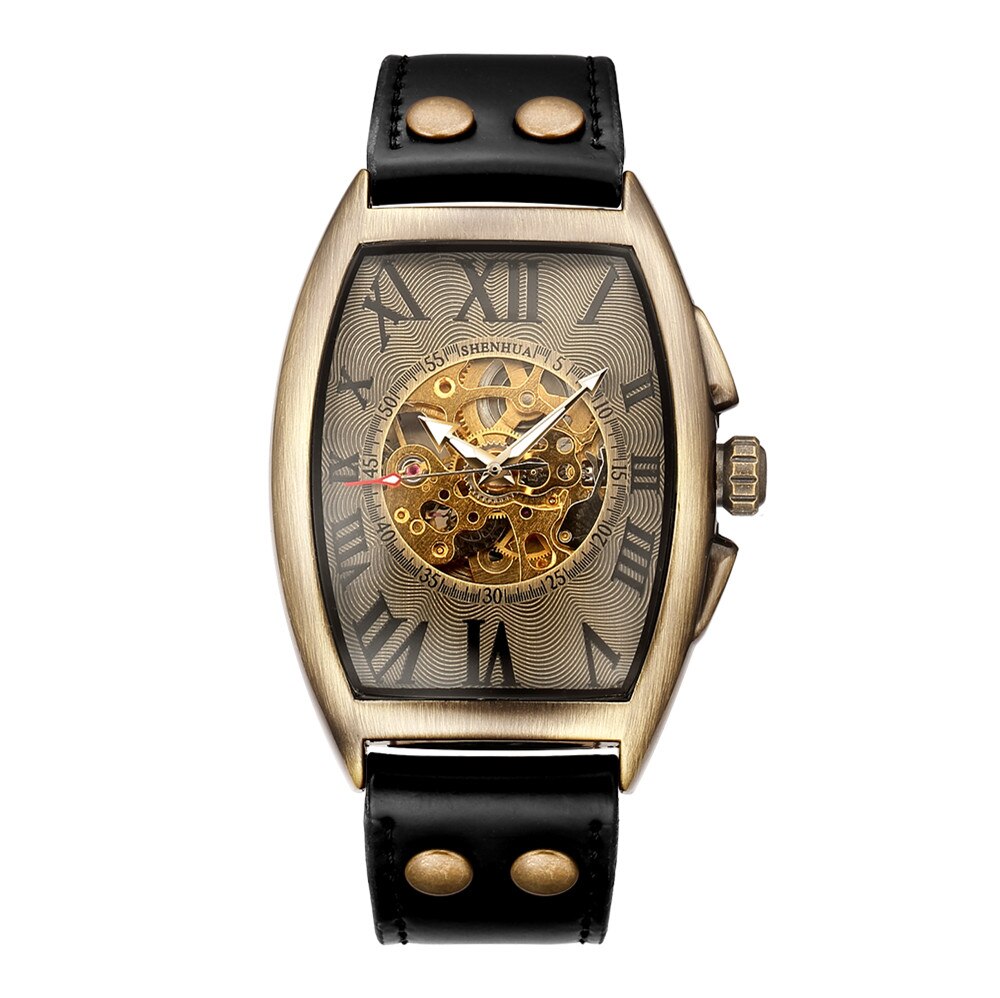 Retro automatiske ure mænd kranium skelet urskive selv vind brun armbåndsur han vintage vintage romersk ur læder reloj relogio: Sort skelet