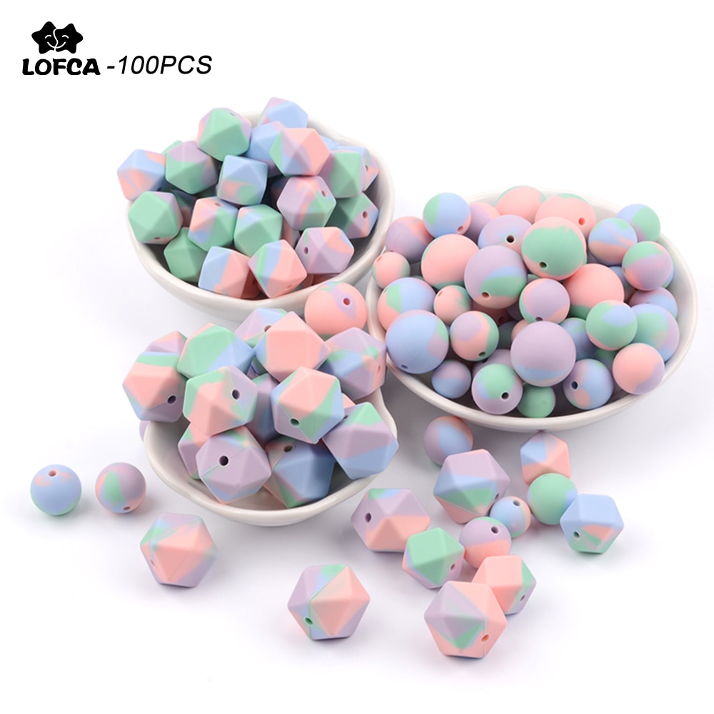 100 stücke Silikon Perlen BPA FREI binden Farbstoff Bunte Hexagon 14mm & 17mm Baby Zahnen Perlen Runde geformt Spielzeug Lebensmittel Klasse DIY