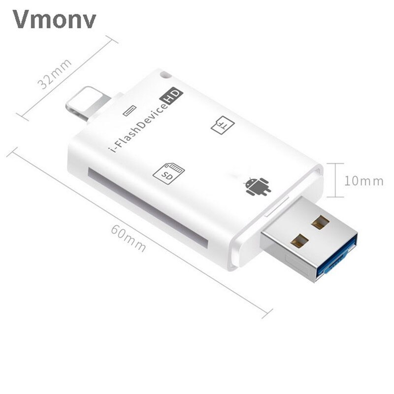 Vmonv-aparelho celular 3 em 1, leitor de cartão sd/sdhc, usb otg, flash, para iphone 8, x, xs, max, xr, ipad, android