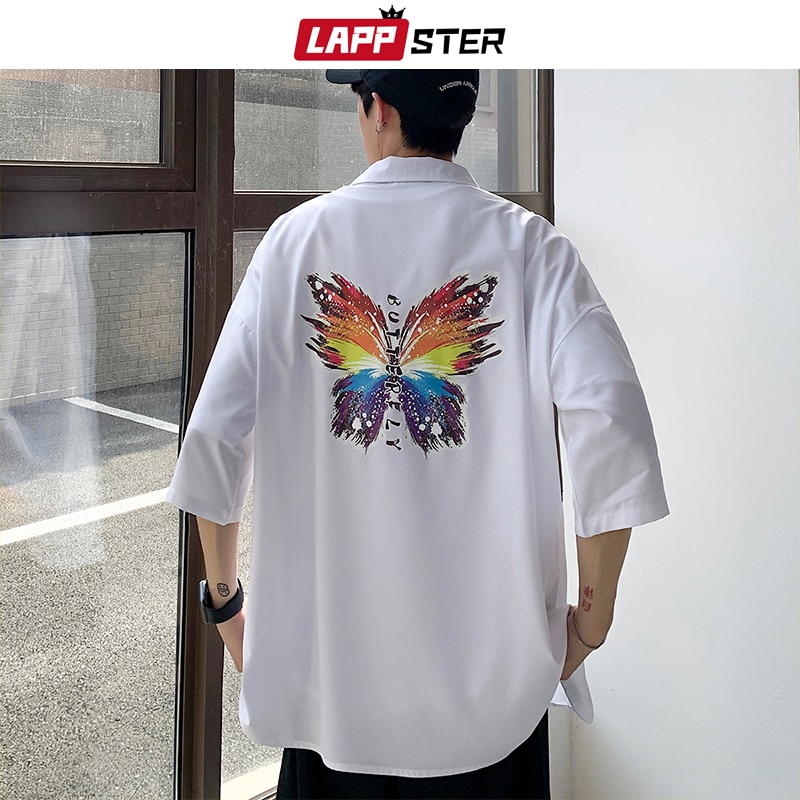 Lappster herre sommerfugle print hawaiiansk skjorter sommer herre harajuku koreansk hvid skjorte kortærmet mænd afslappet bluse ins