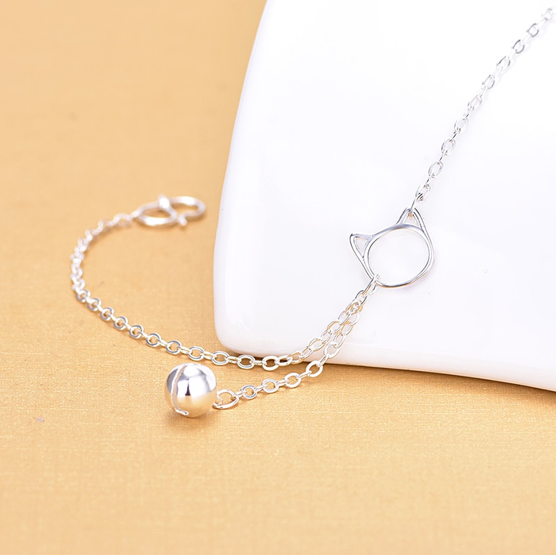 Real 925 Sterling Silver Link Chain Bracelets With Cat Bell Charm Bracelets Fine Jewelry