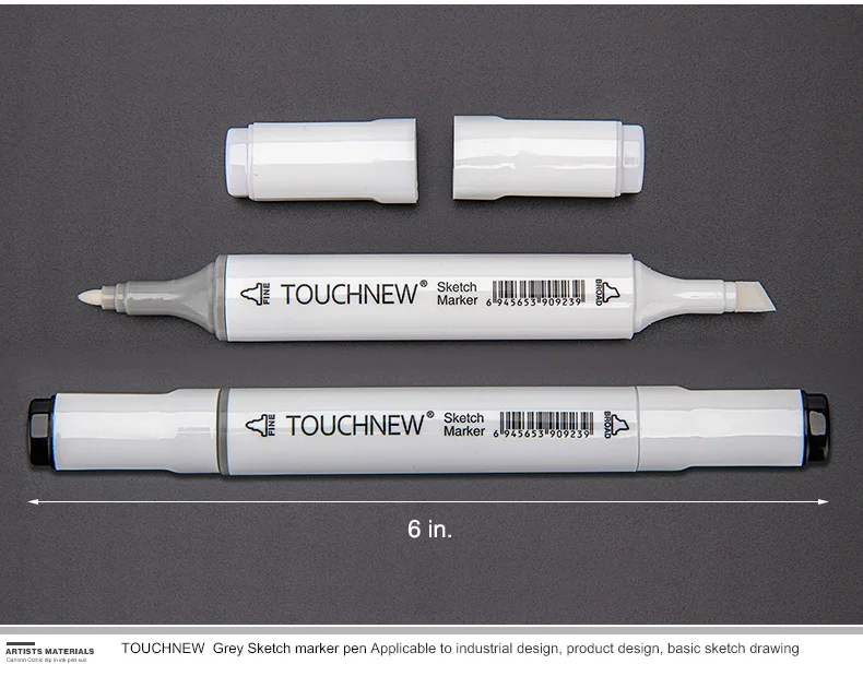 10/30 stk. kunsttusj med dobbel ende, alkoholbasert blekk, nøytral grå farge, skissegråtoner til grafisk tegning