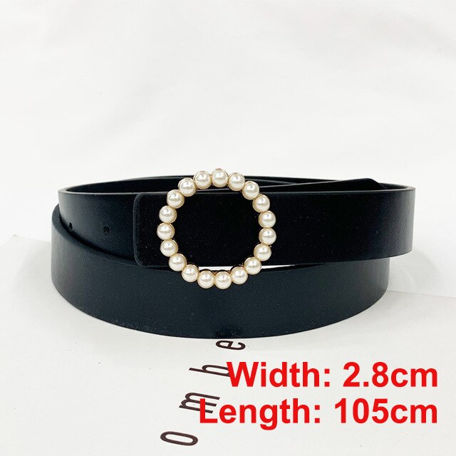 Pearl round pin buckle women simple ladies trend leather belt for women's youth brand belt: style 3-black