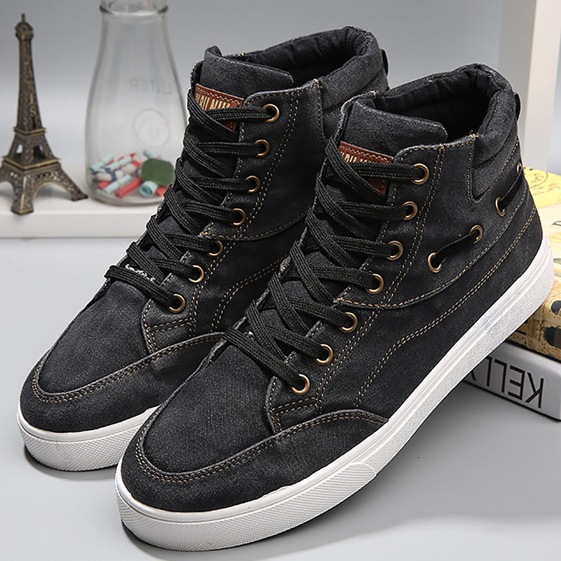 Shoes men casual wear resistant shoes denim high top sneakers for boys lace-up: Black / 6