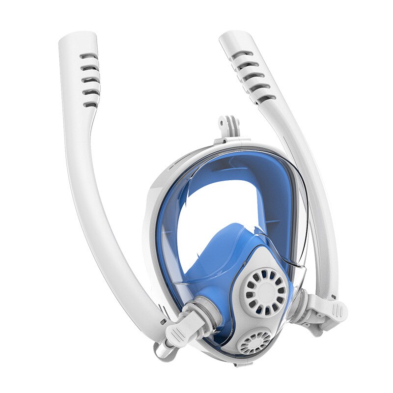 Anti-condens zwemmasker voor volwassenen, dubbele ademhalingsbuis, siliconen snorkelmaskers, duikbril met camerabevestiging: Wit blauw / S/m