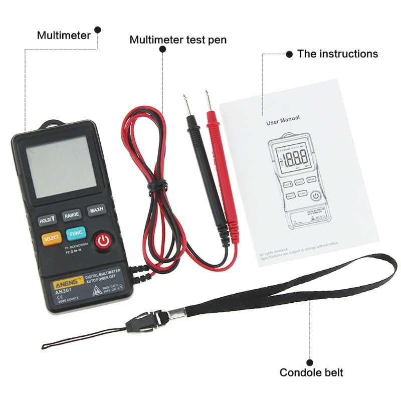 Aneng AN301 Mini Digitale Multimeter 1999 Telt Draagbare Ac Dc Voltmeter Weerstand Ammeter Meter Tester Met Led Licht