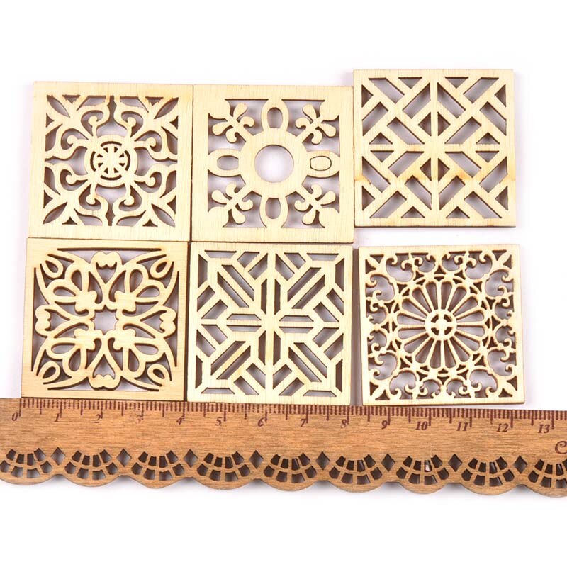 10pcs Hollow Mixed Flower Pattern Square Wood DIY Crafts Scrapbooking Wooden Embellishments Arts Wedding Display Decor M2523