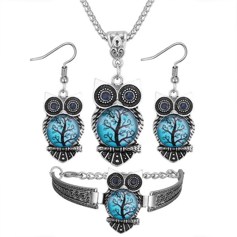 Boho Vrouwelijke Kristal Sieraden Set Charm Zilver Kleur Dangle Earring Voor Vrouwen Vintage Uil Armband Bruiloft Collier