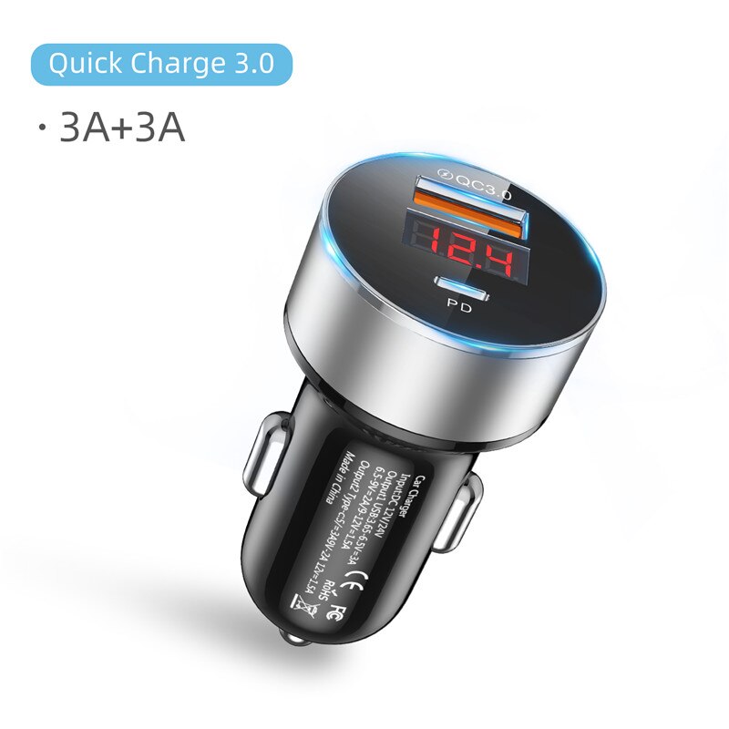 36W 6A QC3.0 PD Car Charger With LED Display Universal Mobile Phone Car-Charger For Xiaomi For Honor For iPhone 12Pro Tablet: Silver