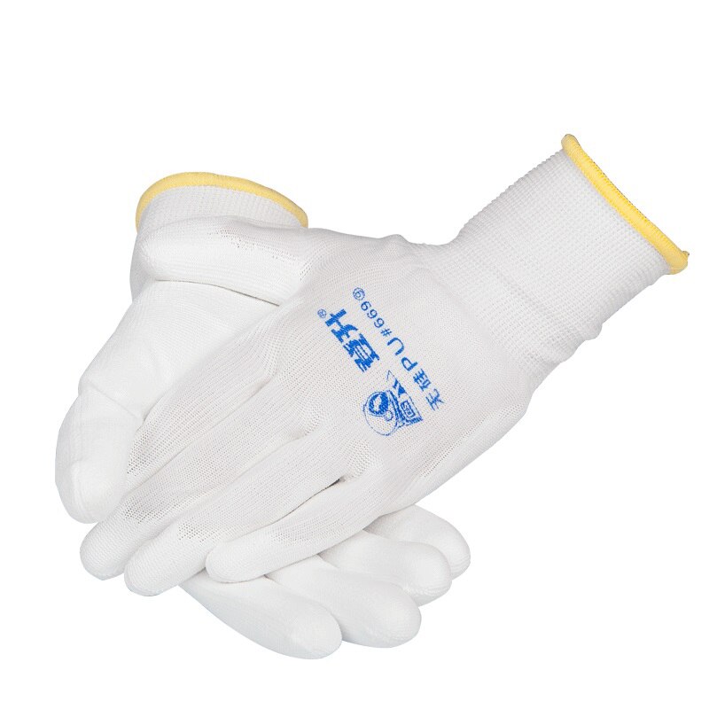 5/12 pares de guantes de trabajo blancos revestimiento de poliuretano de látex sumergido sin instrumento de precisión de taller resistente al desgaste de silicio