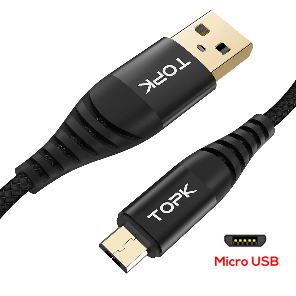 Topk Hi-Trek Micro Usb Kabel Nylon Gevlochten Datakabel Mobiele Telefoon Kabels Voor Samsung Galaxy S7 Rand S6 xiaomi Redmi Note 5: Black / 0.15m