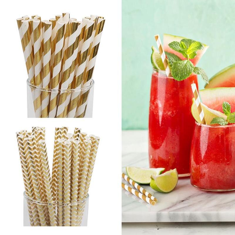 50pcs Gold foil Disposable Paper Straw Christmas Wedding Cartoon Birthday Supplies Party Degradable Juice Drink Straw Kids G2M4
