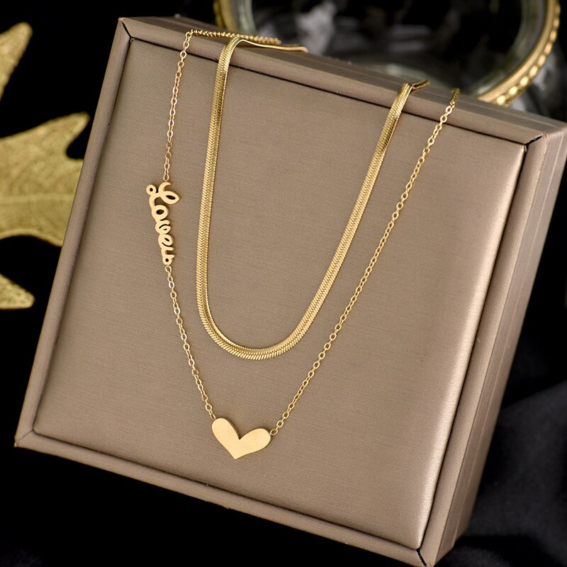 Titanium stål smykker 2 lag hjerte kærlighed choker slange halskæde dejligt til kvinder pige: Guldfarve