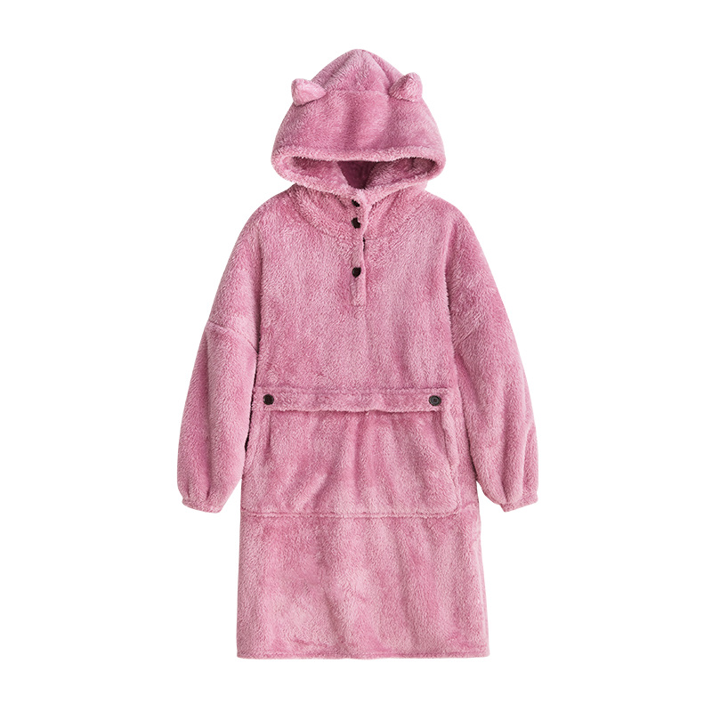 Unisex Robes Men Winter Dressing Gown Winter Warm Fleece Robe Pullover Hooded Women Winter Dressing Gown Robes Soft Bathrobe: pink / 45 to 85kg