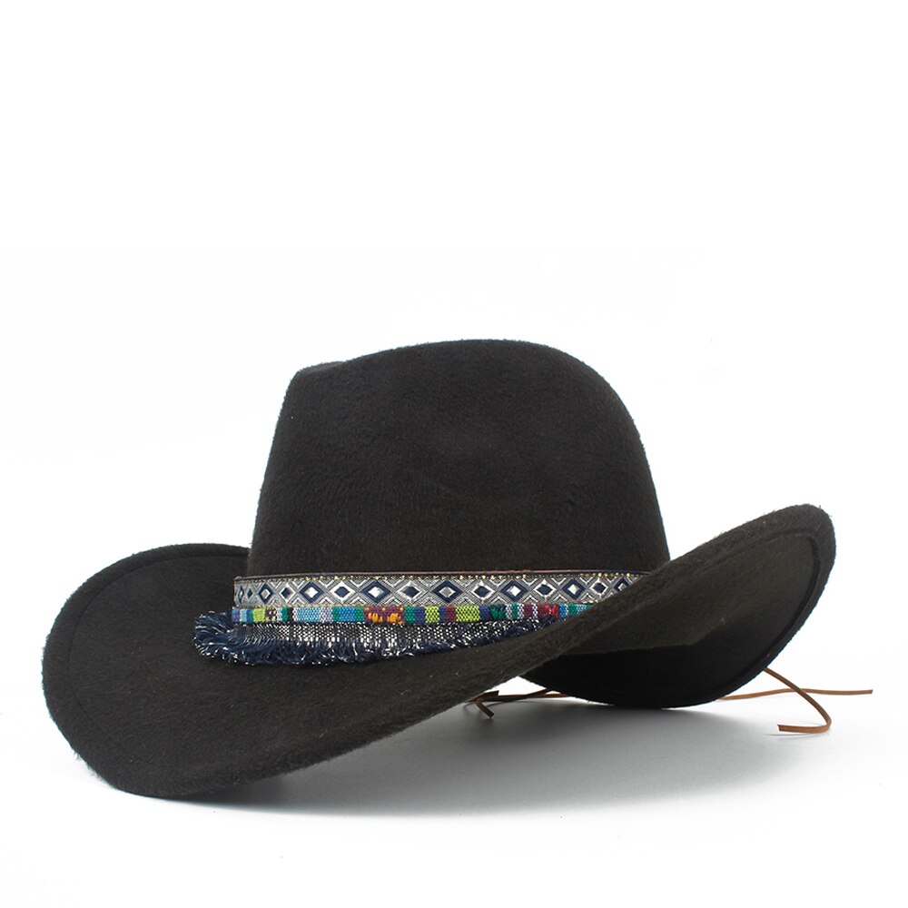 Kvinder uld hul western cowboyhat roll-up skygge dame outblack sombrero hombre jazz kasket størrelse 56-58: Sort