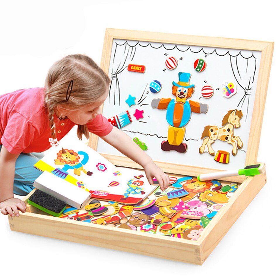 Wood Learning Educational Puzzle Toys Wooden Magnetic 3D Figure Animals Vehicle Circus Drawing Board Toy For Children Kid