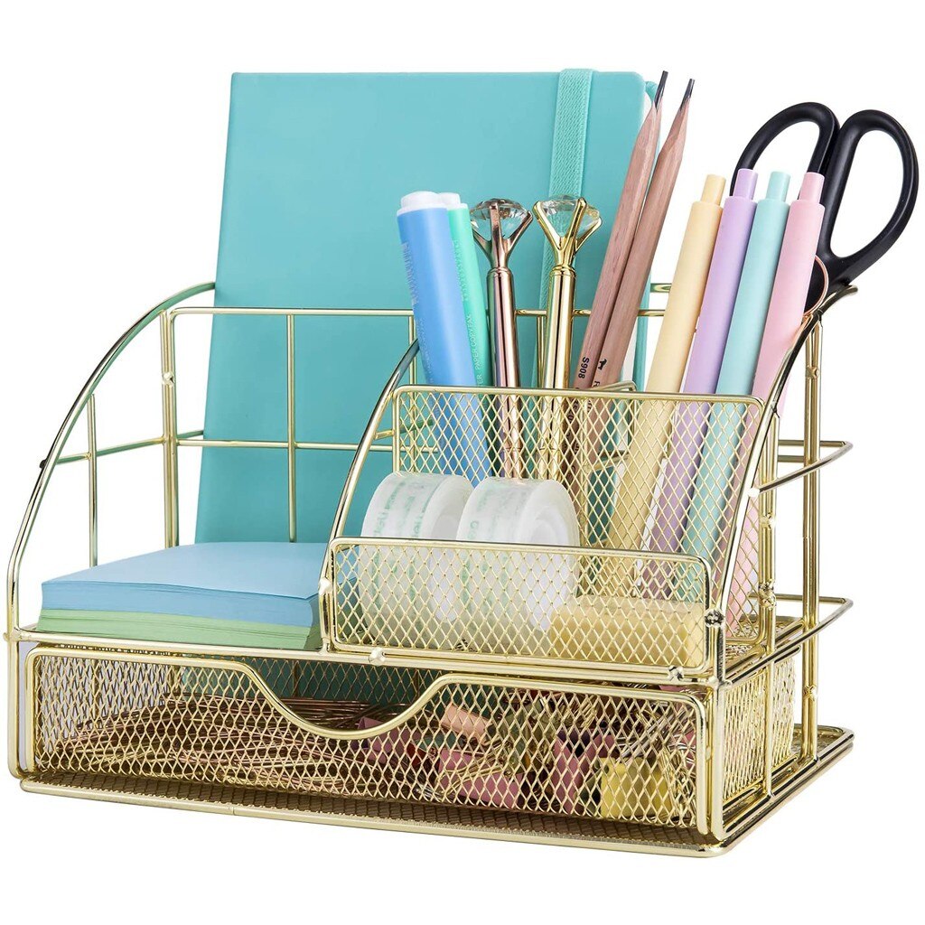 Mesh Desk Organizer Pen Holder Accessories Storage Caddy With Compartments And Drawer Office Supplies #T3G