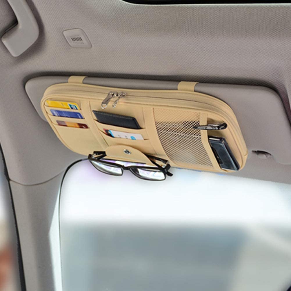 Car Sun Visor Organizer Auto Pocket Organizer Car Truck SUV Storage Pouch Glasses Bill Pen Card Holder Multi-Pocket Net Zipper: Beige - 2 Zipper