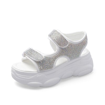 Sandales à talons compensés avec strass pour femmes, chaussures à plateforme, semelle épaisse, noir, blanc, nouvelle été: WHITE / 39