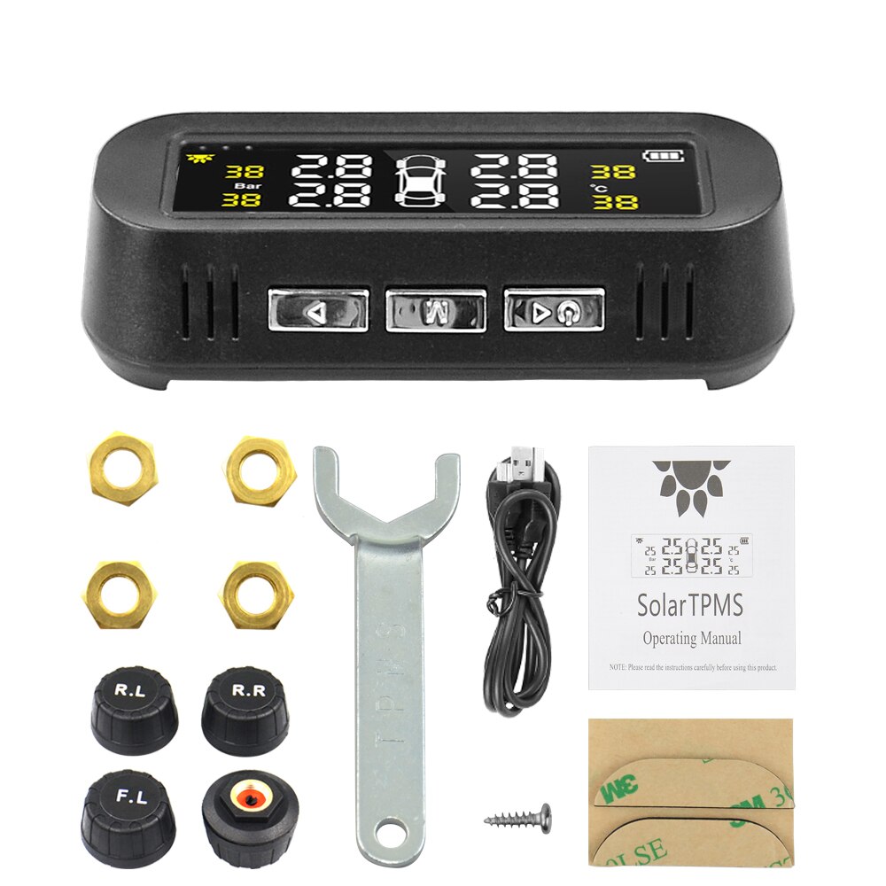 Newest Solar TPMS Car Tire Pressure Alarm Monitor System Display Attached to glass tpms Temperature Warning with 4 sensors
