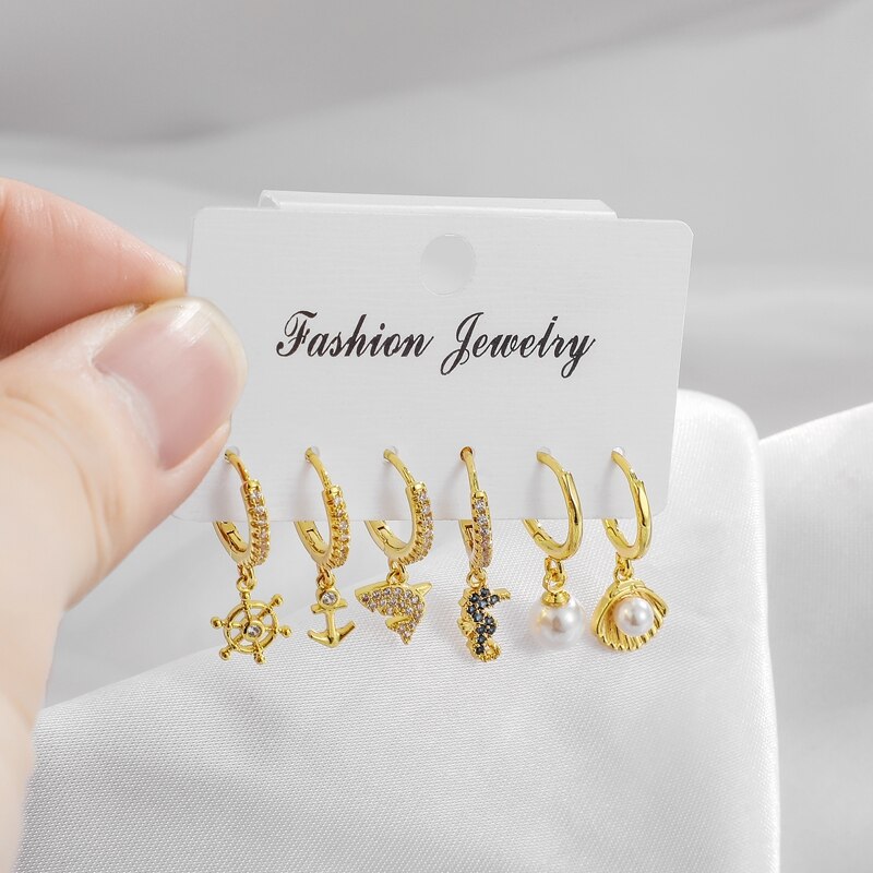 Leuke Shell Seahorse Oorbellen Set Ocean Style Dangle Gold Hoop Oorbellen Voor Vrouwen Koreaanse Sieraden