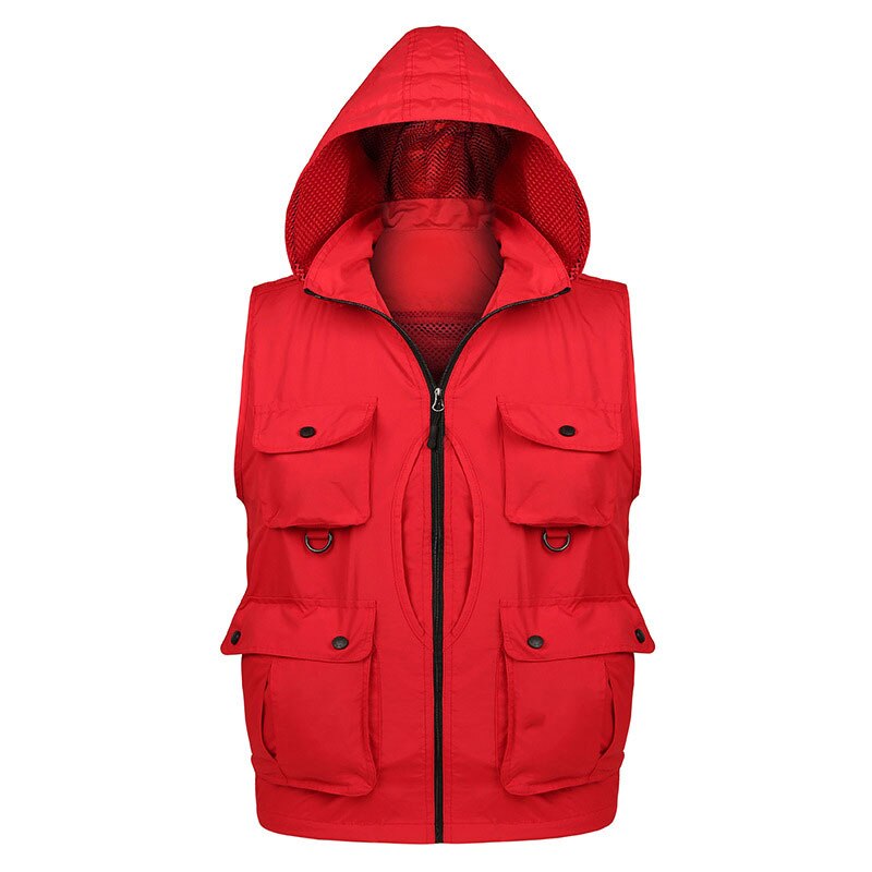Quick Drying Photography Reporter Vest For Male Removable Back Multi Pockets Hooded Waistcoat Hiking Fishing Jackets Size L-XXXL: Red / XL